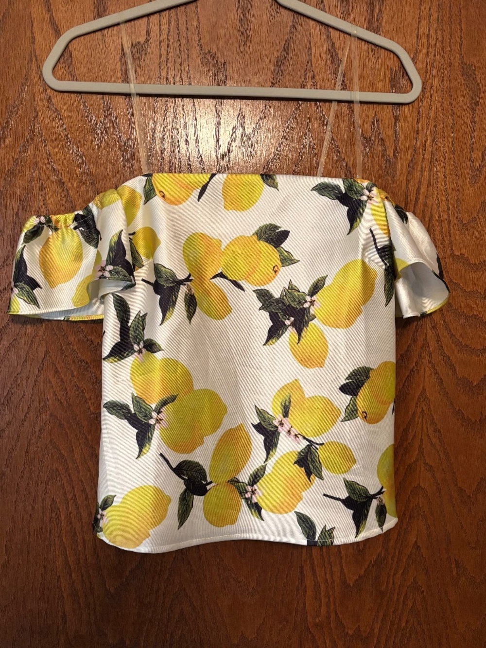 Rosette off the shoulder lemon print top